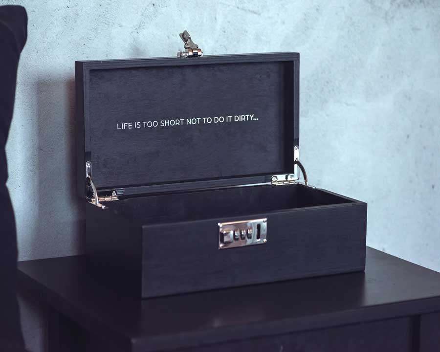 adult toy storage box black-small-on-table