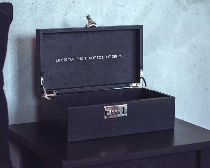 adult toy storage box black-small-on-table